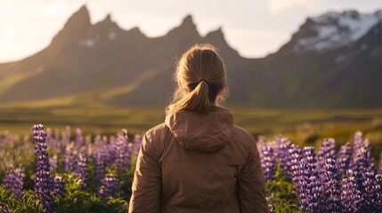 Fototapeta premium Woman Admiring Mountain Landscape at Sunset