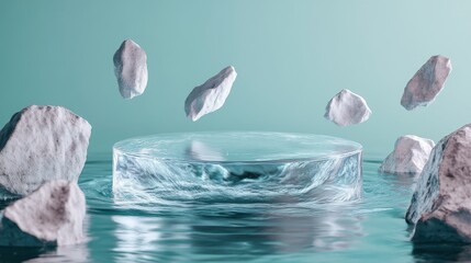 Naklejka premium Surreal floating rocks and water disc in a tranquil abstract scene