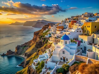 Fototapeta premium Santorini Oia Panorama: Breathtaking Aegean Sea View, Iconic Whitewashed Houses, Volcanic Landscape