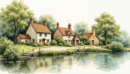 Watercolor Landscape of Traditional Homes Along River, Featuring Red Roofs and Greenery, Creating a Calm, Scenic Atmosphere with Gentle Water Reflections and Peaceful Rural Charm in an Idyllic Setting