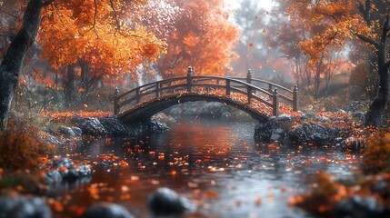 Colorful wooden bridge,  A depiction of a wooden bridge covered with leaves, set against a background of a river flowing through a forest