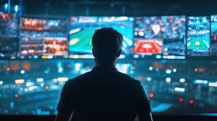 Sporting event enthusiast engaged in live betting stadium environment digital screens urban viewpoint excitement concept