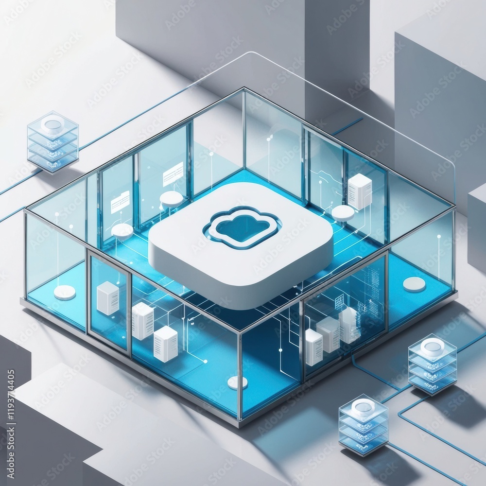 Poster cloud server room 3d rendering illustration template