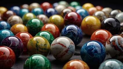 Colorful marble collection showcasing various patterns and shades in a creative design layout with ample copy space