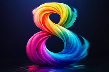 A colorful number 8 made of colored hair on a black background