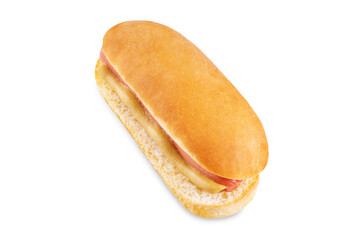 Hot dog sandwich with mustard sauce and ketchup on a white isolated background