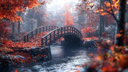 Colorful wooden bridge,  A depiction of a wooden bridge covered with leaves, set against a background of a river flowing through a forest