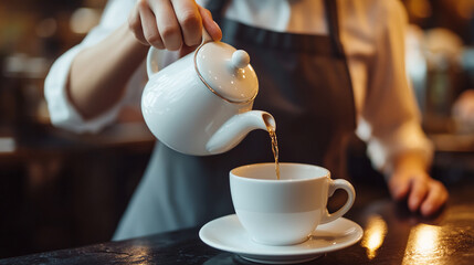 Closeup of barista waiter employee worker woman wearing apron holding white ceramic teapot kettle, pouring the tea drink or beverage into white mug or cup on the table,cafe or restaurant staff service