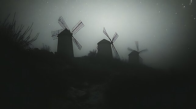 Silhouetted Windmills on a Dark Hillside at Night
