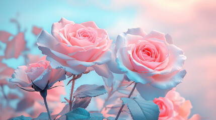 Dreamy soft vintage fantasy ethereal aesthetics of pink and blue rose flowers illustration. spring nature wallpaper background poster.