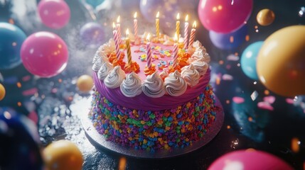 A vibrant birthday cake adorned with colorful frosting and candles, surrounded by festive decorations.