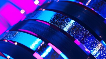 Vibrant close-up of colorful vinyl records illuminated by neon lights in a lively setting