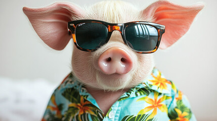 Funny and cool pig wearing sunglasses and tropical shirt, isolated on a white background. swine animal face head portrait, happy on a summer vacation or holiday, smile.