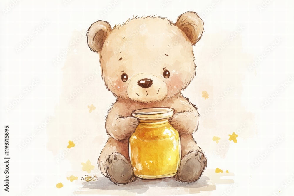 Poster cute bear holding a honey jar while sitting on a simple background with soft colors and a cheerful e