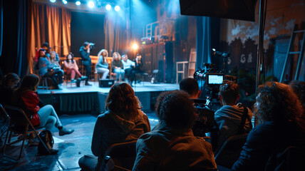 A community theater rehearsal: Cast members practicing their lines, with props and costumes creating an atmosphere of creativity.