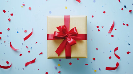 Obraz premium Yellow golden paper gift box with red ribbon bow isolated on white background. surprise present for holiday celebration, happy birthday, open, tied.