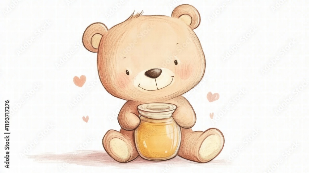 Poster cute bear character sitting with a jar of honey in a whimsical illustrated style filled with warmth 