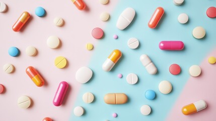 Colorful Assortment of Medications: Pharmaceutical Pills and Capsules on Pink and Blue Background