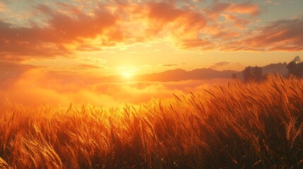 Wheat fields at dawn,  A depiction of vast wheat fields stretching to the horizon, with golden ears of wheat swaying in the wind and illuminated by soft morning mist