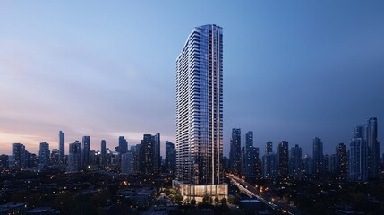 Modern skyscraper at dusk, city skyline backdrop.