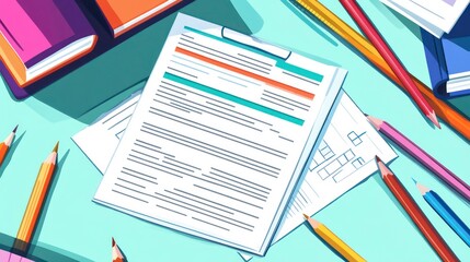 Tax planning deduction concept. A colorful illustration of a tax form, pencils, and books, symbolizing tax preparation and organization.