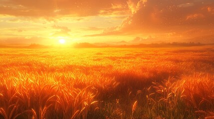 Fototapeta premium Wheat fields at dawn, A depiction of vast wheat fields stretching to the horizon, with golden ears of wheat swaying in the wind and illuminated by soft morning mist