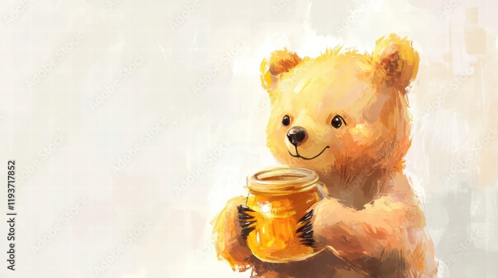 Aufkleber cute bear holding a jar of honey with a cheerful expression in a soft illustrated scene. generative 