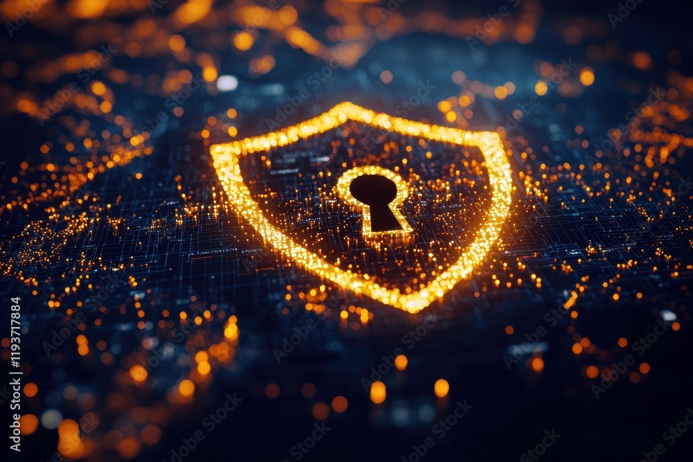 Aufkleber digital security concept with a glowing shield and keyhole on a futuristic background.