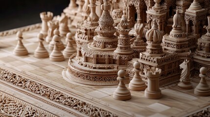 Intricate wooden chess set, detailed carving, game pieces, ornate board.