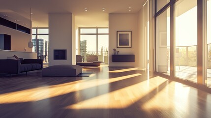 Obraz premium Sunlit modern living room with hardwood floors, city view.