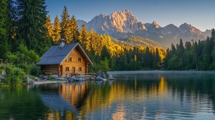 Obraz premium Alpine Lake Cabin at Sunrise