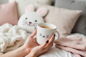 Elegant hands with glossy black manicure holding a white coffee cup with rabbit foam art, surrounded by soft pillows and blankets, cozy comfort.