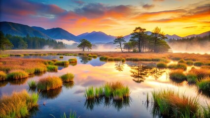 Obraz premium Serene Long Exposure of Senjogahara Marshland, Nikko, Japan at Dawn