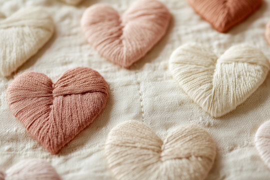 Corazones bordados sobre una tela color crema