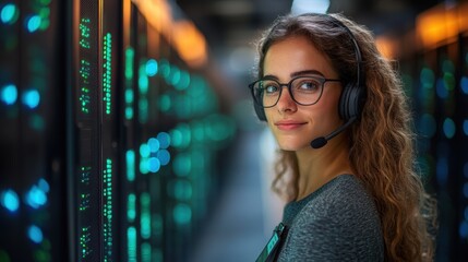 Tech Support Specialist, A young woman in glasses and headset confidently looks at the camera, showcasing expertise in IT and customer service. Behind her.