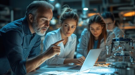 Technical Collaboration, An experienced mentor guides a team of dedicated engineers, working together intently on a laptop in a high-tech workshop.