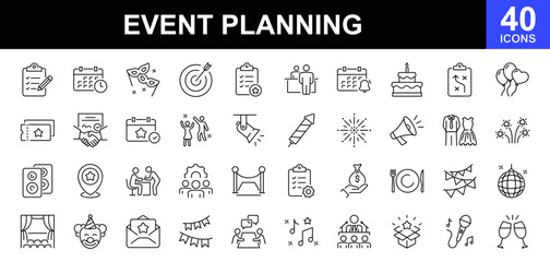 Event planning icon set. Icons in linear style collection. Containing decorations, venue, event planner, registration, entertainment, catering,  invitations, coordination and more. Vector illustration
