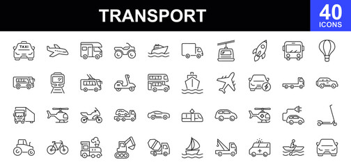 Transport icon set. Vehicle icons. Containing car, bike, plane, train, bicycle, motorbike, bus, scooter, taxi,  helicopter, ship, plane, truck, tow truck, sailboat and more. Vector illustration © mi-vector