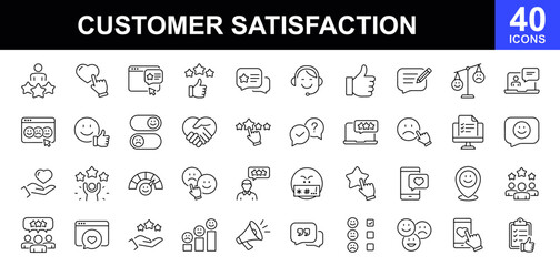 Customer satisfaction icon set. Feedback icons for web and mobile app. Icons in line style collection. Containing recommend, thankful, dislike, gratification, positive feedback and more