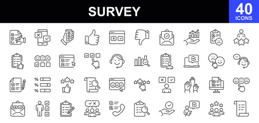 Survey icon set. Containing feedback, opinion, questionnaire, poll, research, data collection, review, satisfaction, answers, task, survey, list, clipboard, unhappy, checklist, and more