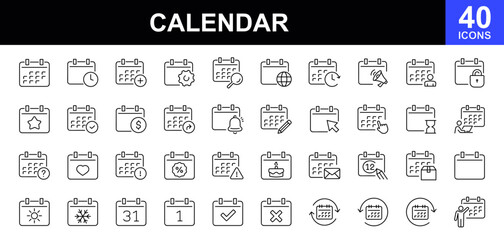 Calendar thin line icons set. Reminder organizer event signs. Calendar notification icons. Containing date, schedule, appointment, agenda, organization, event, and more. Vector illustration