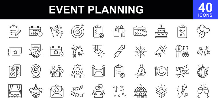 Event planning icon set. Icons in linear style collection. Containing decorations, venue, event planner, registration, entertainment, catering,  invitations, coordination and more. Vector illustration