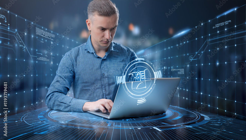 Fototapete ai generate concept. artificial intelligence content generator tool. man uses a laptop with ai assis