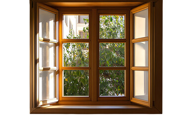 Obraz premium A window with a wooden frame is open, letting in light and air