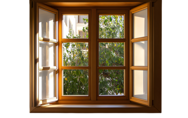 A window with a wooden frame is open, letting in light and air