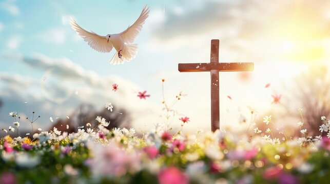 Cross symbolizing the death and resurrection of Jesus Christ, spring flowers