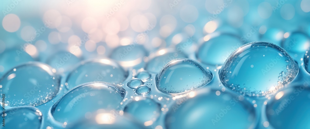 Poster Closeup view of hexagonal water droplets. Hydrating liquid droplets create shiny, abstract pattern. Cool, blue tones, light reflections. Texture macro level showing details, moisture. Liquid trapped