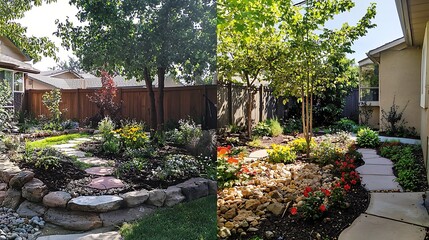 Obraz premium It is amazing what a Green Thumb can do Transformation showing the Before and After Landscaping with Trees and Flowers in a Suburban Backyard. before and after