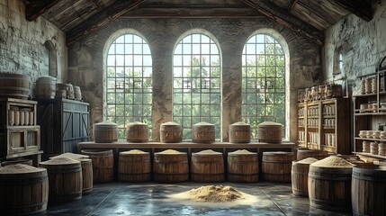 Fototapeta premium Interior of a traditional flour mill, Inside view of a traditional mill where wheat is ground into flour
