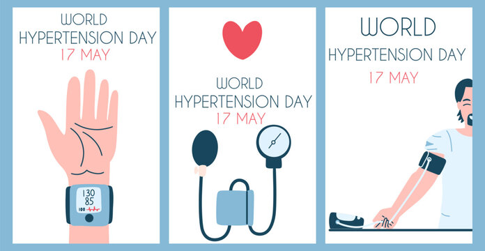 World hypertension day 17 may. Blood pressure measurement vertical posters set.